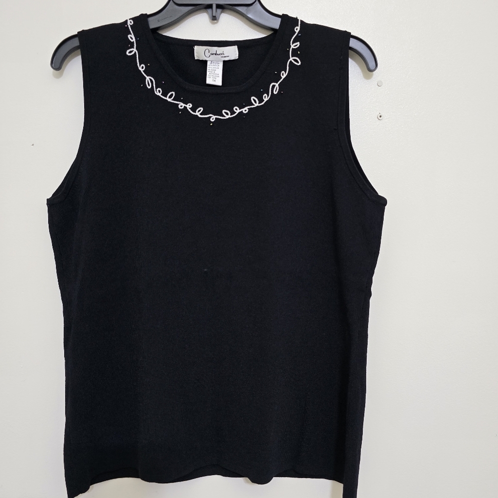CARDUCCI size 1X Embroidered Beaded Knit Tank Elegant Casual Stretch‎ Black